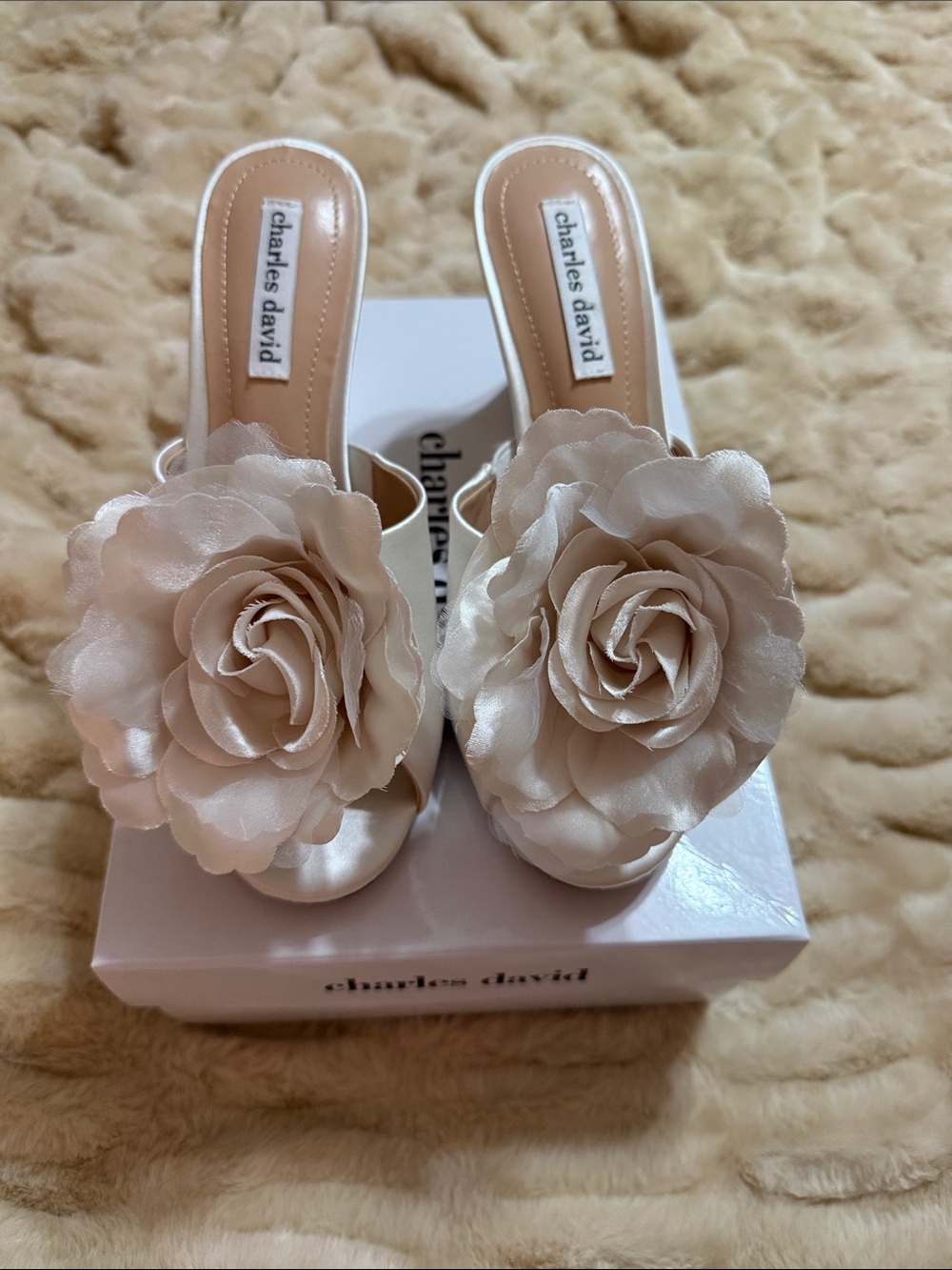 Charles David Satin Cream Floral Slide Mules